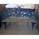 Cast iron blue painted two-seater garden bench, in the manner of Coalbrookdale, with a cast fern