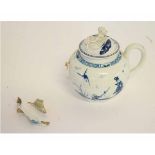 18th century Worcester teapot with figural decoration, (damage to spout) and lid