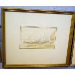 William Delamotte, watercolour, Barges on the river at Ghent, 11 x 18cms