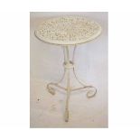 Late 20th century cast iron white painted garden table with circular pierced top, supported by three