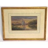 W H Livock, signed and dated 1913, watercolour, Sailing at sunset, 14 x 24cms