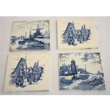 Four 19th century blue and white tiles depicting Dutch scenes of children by a dockyard, together