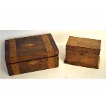 19th century walnut and marquetry inlaid banded writing slope with void interior, together with a