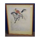 Beechwood framed Japanese coloured print of a soldier on horseback with a calligraphy signature to
