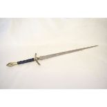 Replica Gandalf sword with blue leather handle and shaped blade, 140cms long