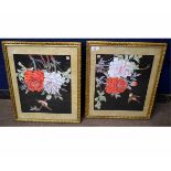 Pair of gilt framed Japanese painted on linen panels of flowers and a humming bird, 38cm x 49cm