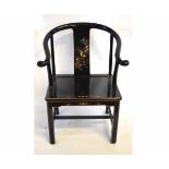Good quality Chinese lacquered horseshoe backed armchair with painted black back splat with a bird