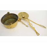 19th century brass swing handled preserving pan together with a further skimming spoon with copper