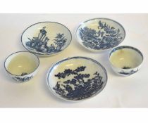 Two 18th century blue and white tea bowls and saucers, one Worcester tea bowl and saucer with mother