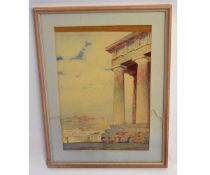 Indistinctly signed watercolour, Greek landscape, 48 x 32cms