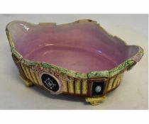 Majolica table basket with raised panels, decorated in mainly brown field with wheat style