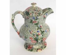 Spode New Faience leaf and floral decorated water jug with matching lid (chips throughout), 25cms