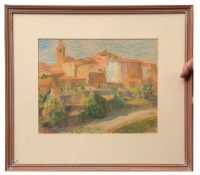 AR Viola Paterson (1899-1981) pastel, with Studio stamp verso, 26 x 32cms, Continental village