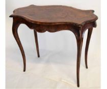 French walnut and inlaid lozenge shaped occasional table on four cabriole legs, 57cms wide x 95cms