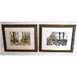 J Dennison, signed pair of watercolours, Woodland views, 23 x 33cms (2)