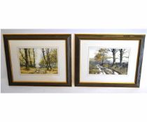 J Dennison, signed pair of watercolours, Woodland views, 23 x 33cms (2)