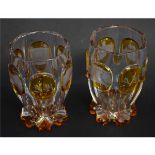 Pair of 19th century Bohemian beakers with clear glass and amber etched panels, each 12cms tall