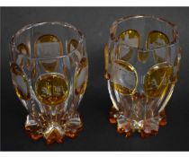 Pair of 19th century Bohemian beakers with clear glass and amber etched panels, each 12cms tall