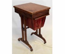 19th century mahogany work table with pull out drawer with red lined storage box supported on four