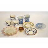 Pair of Belleek shaped edge dishes with puce borders with similar smaller white glazed dish, all