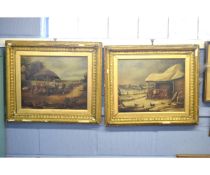 19th century English School, pair of oils on canvas, Farmyard scenes with cattle one Winter, 40 x