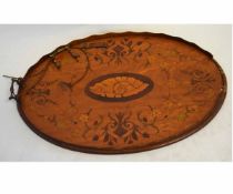 Satinwood Sheraton oval tea tray with heavy inlay with central shell panel, with brass handles (a/