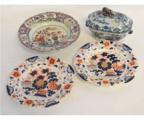 Mason's Ironstone oval sauce tureen decorated in colours, together with two Mason's Imari coloured