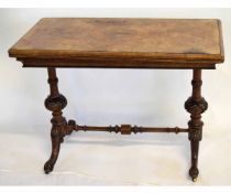 Victorian walnut rectangular fold-over tea table with inside inset with decorative inlay on turned