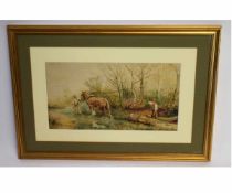 J W Matthewman, signed watercolour, Log team, 28 x 50cms