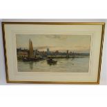 L Ramus, signed watercolour, Harbour scene with fishing boats and figures, 30 x 56cms