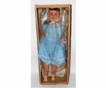 Good quality large composition doll in a blue dress with brown glass eyes and painted features,