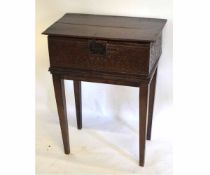 17th century oak Bible box on associated stand, with carved front, fitted with its original lock