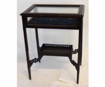 Mahogany carved bijouterie table with black lined interior, with lift up lid and second tier with