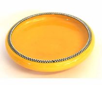 Phoenix ware T Foresters Ltd yellow glazed and chequer banded shallow bowl, 29cms diam