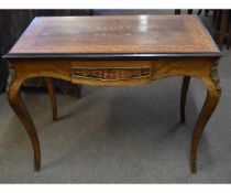 French kingwood inlaid rectangular side table with ebonised frieze on four cabriole legs with gilt