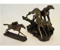 Composition bronze model of a horse and jockey together with a further bronzed model of two