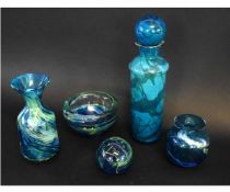 Mixed Lot of five Mdina style glasswares to include a heavy bowl, a carafe, a decanter, a squat vase