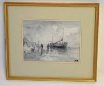 Jack Cox, signed watercolour, North Norfolk estuary with Fishermen and boat, 19 x 25cms