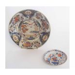 Japanese Imari style dish together with a Chinese Imari saucer, the dish 20 1/2cms