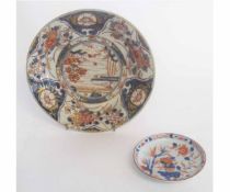 Japanese Imari style dish together with a Chinese Imari saucer, the dish 20 1/2cms