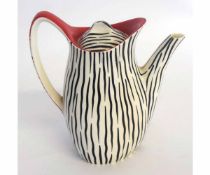 Midwinter modern fashion shape black and white stripped tea pot with red finish to top and handle,