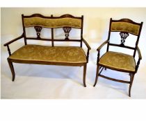 Edwardian mahogany five-piece salon suite, with ivory inlay, comprising his and hers armchairs, a