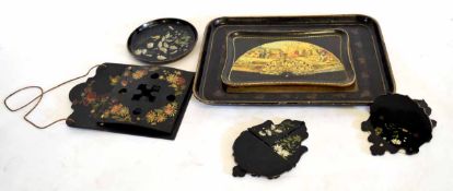 Mixed Lot of paper m ch wares to include rectangular tray with printed Victorian interior scene, a