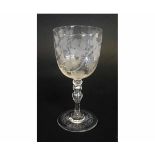 Good quality 19th century grape and vine etched wine glass with knopped stem and circular foot, with