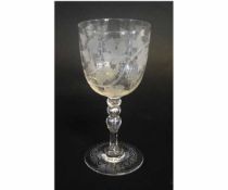 Good quality 19th century grape and vine etched wine glass with knopped stem and circular foot, with