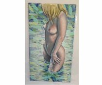 Krys Leach, signed verso, oil on board, "Water Babe", 36 x 28cms, unframed