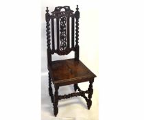 Victorian Gothic oak hall chair with carved grape and vine back splat with barley twist support