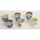 Collection of six 18th century English porcelain coffee cups, the largest 6 1/2cms