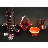 Mixed Lot of cranberry glass wares to include a crimped edge basket with clear glass handle, a two-