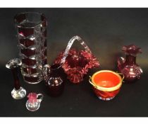 Mixed Lot of cranberry glass wares to include a crimped edge basket with clear glass handle, a two-